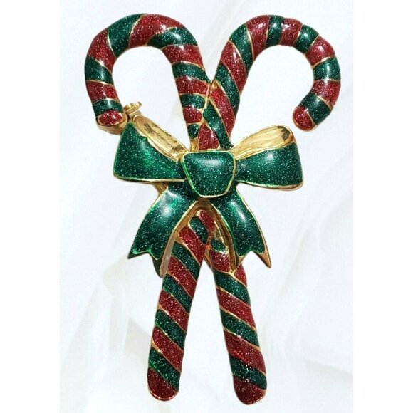 VTG Double Candy Cane Brooch Pin Christmas Enamel Glitter Gold Stripes Bow AAi - Picture 6 of 8